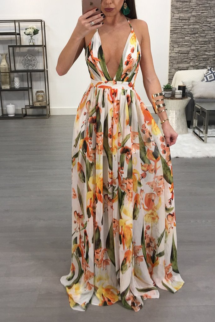 Stilla | Blomsterprint Plisseret Rygløs Slip Maxi Kjole