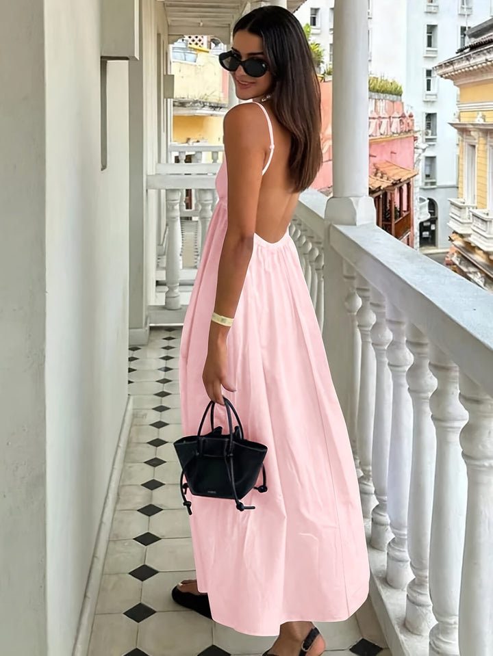 Stilla | Maxi Kjole Uden Ryg Elegant Sommerkjole Med V-Hals, Spaghetti Stropper, Let Polyester