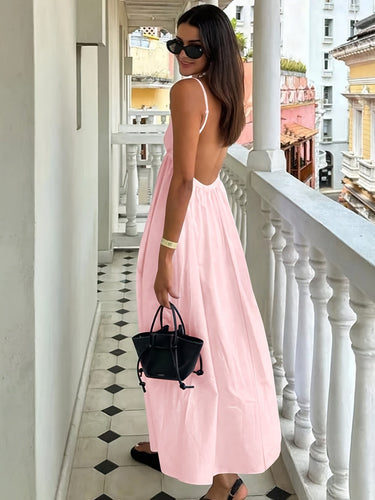 Stilla | Maxi Kjole Uden Ryg Elegant Sommerkjole Med V-Hals, Spaghetti Stropper, Let Polyester
