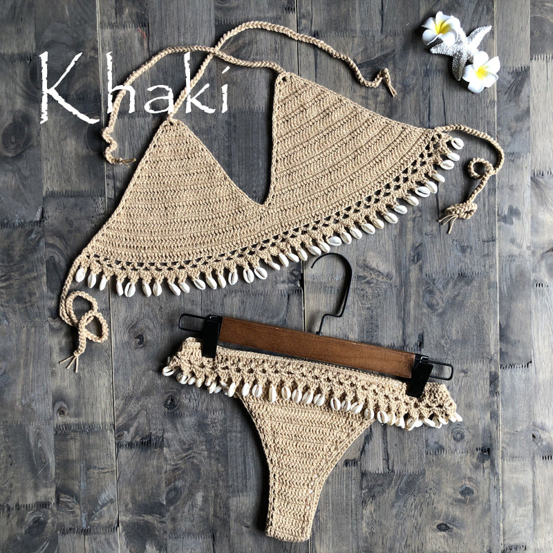Dame Hæklet Bikini Sæt med Musling Pynt og Trendy Ruf Stilla