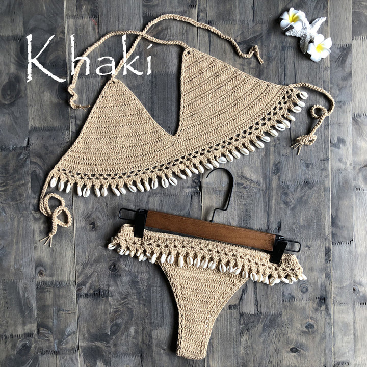 Dame Hæklet Bikini Sæt med Musling Pynt og Trendy Ruf Stilla