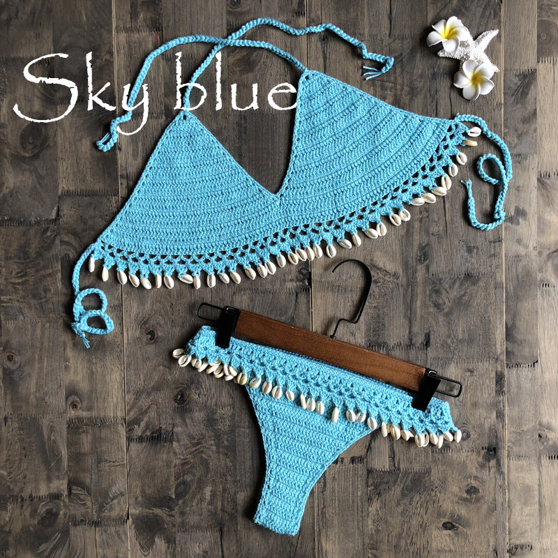 Dame Hæklet Bikini Sæt med Musling Pynt og Trendy Ruf Stilla