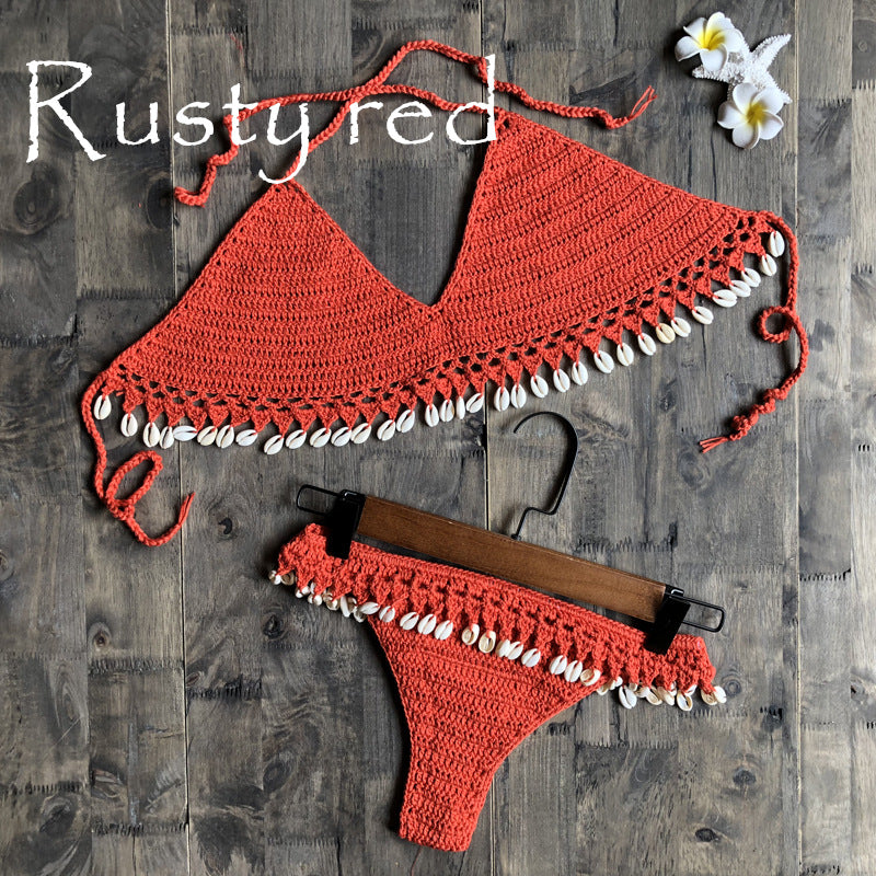 Dame Hæklet Bikini Sæt med Musling Pynt og Trendy Ruf Stilla