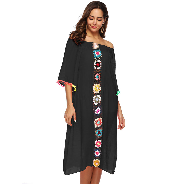 Dame Off-Shoulder Broderet Midi-Kjole Stilla