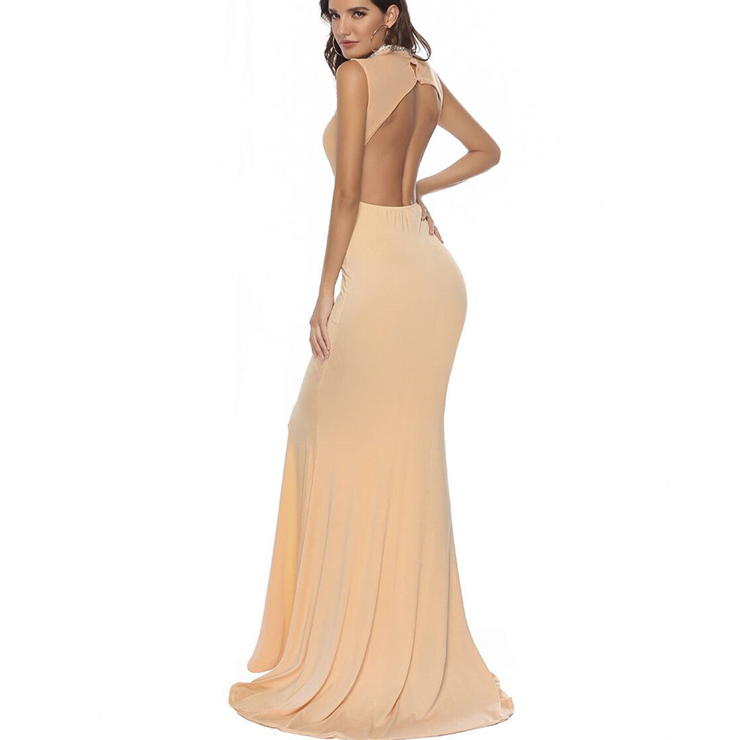 Dame elegant figursyet maxi-kjole med dyb slids og glitrende décolletée