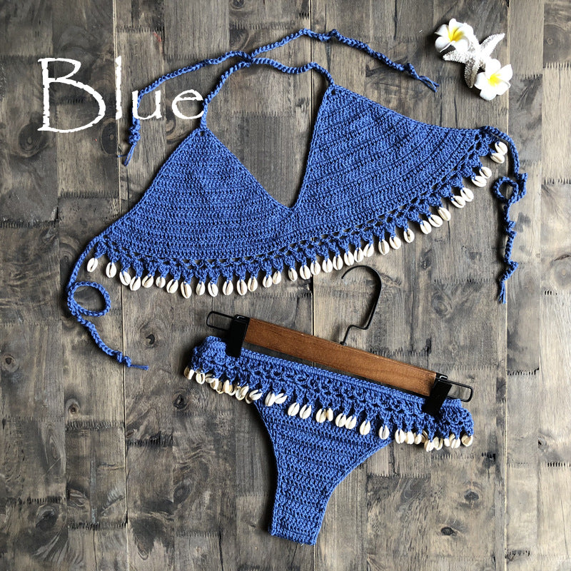 Dame Hæklet Bikini Sæt med Musling Pynt og Trendy Ruf Stilla