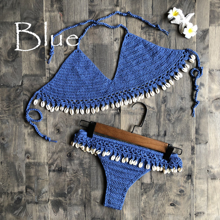 Dame Hæklet Bikini Sæt med Musling Pynt og Trendy Ruf Stilla