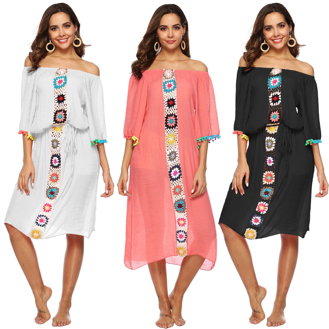 Dame Off-Shoulder Broderet Midi-Kjole Stilla