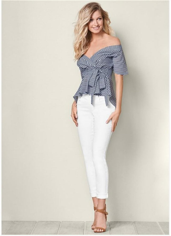 Dame Off-Shoulder Stribet Peplum Top Stilla