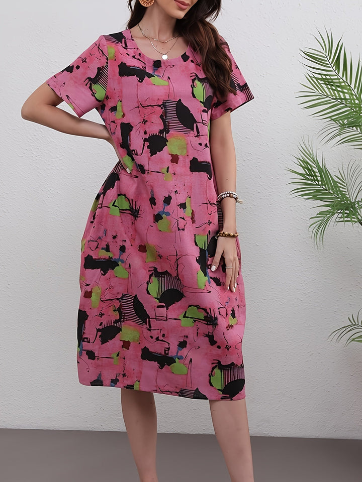 Stilla | Elegant Linned Midi Kjole Med Markant Abstrakt Mønster
