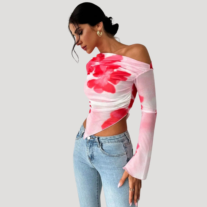 Stilla | Off Shoulder Blomster Mesh Top