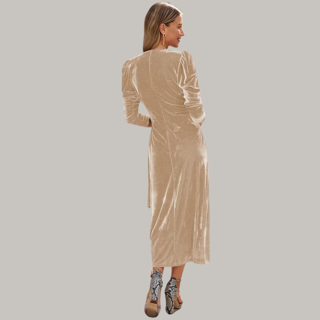 Stilla | Lang Midi Kjole Wrap-Type af Velours med Puffærmer