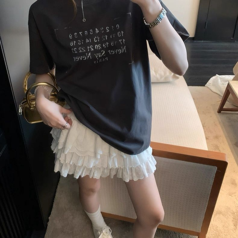 Dame Kortærmet T-shirt med Bogstav Print Mørkegrå