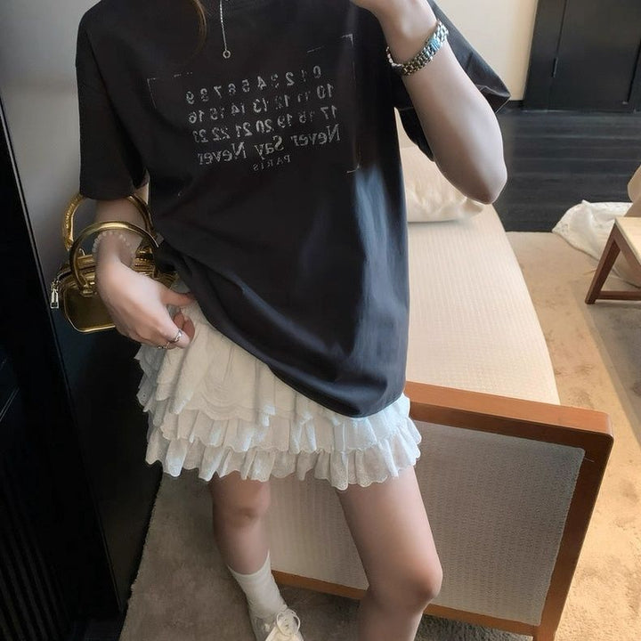 Dame Kortærmet T-shirt med Bogstav Print Mørkegrå