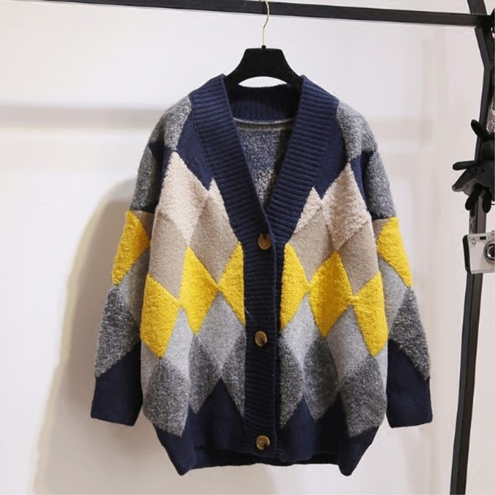 Kvinders mønstrede cardigan med knapper og V-hals Stilla