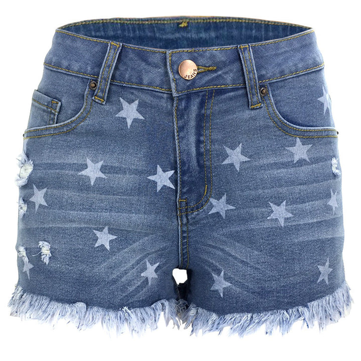 Dame Jeans-Shorts med stjernedesign og frynset søm Stilla