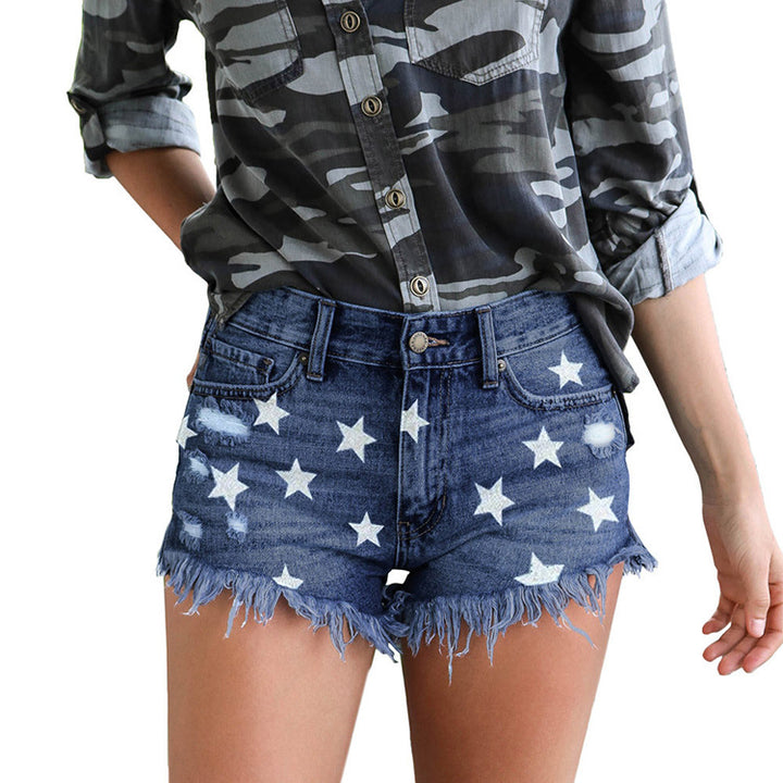 Dame Jeans-Shorts med stjernedesign og frynset søm Stilla