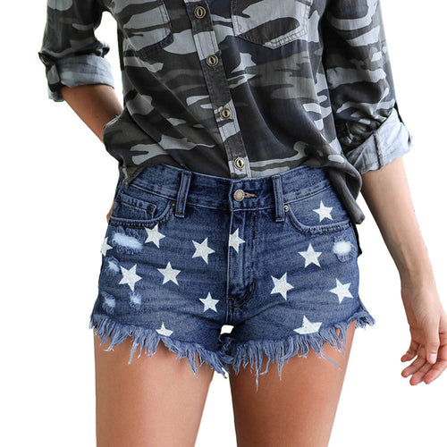 Dame Jeans-Shorts med stjernedesign og frynset søm Stilla