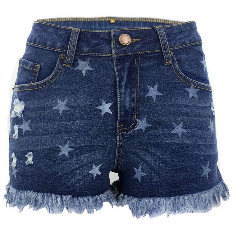 Dame Jeans-Shorts med stjernedesign og frynset søm Stilla