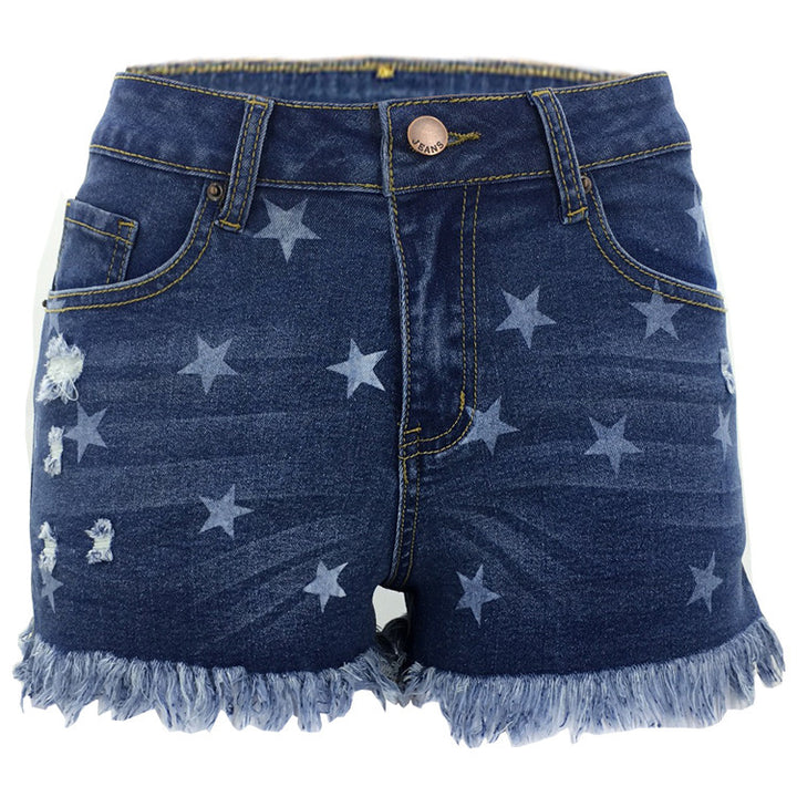 Dame Jeans-Shorts med stjernedesign og frynset søm Stilla