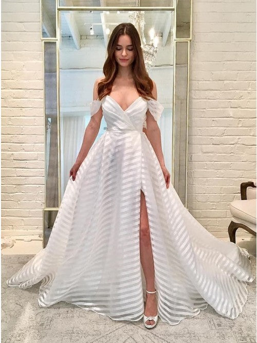 Dame Elegant brudekjole med off-shoulder ærmer og højt slids Stilla
