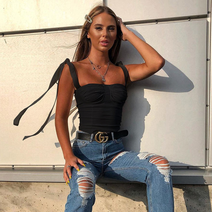 Dame romantisk flæse top med bindebånd Crop Top Stilla