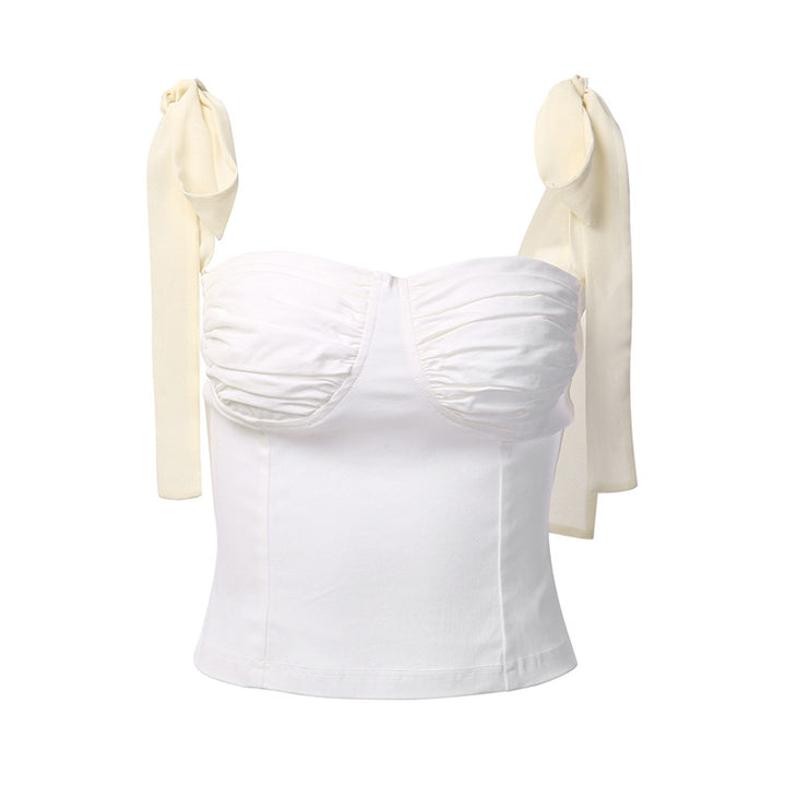 Dame romantisk flæse top med bindebånd Crop Top Stilla