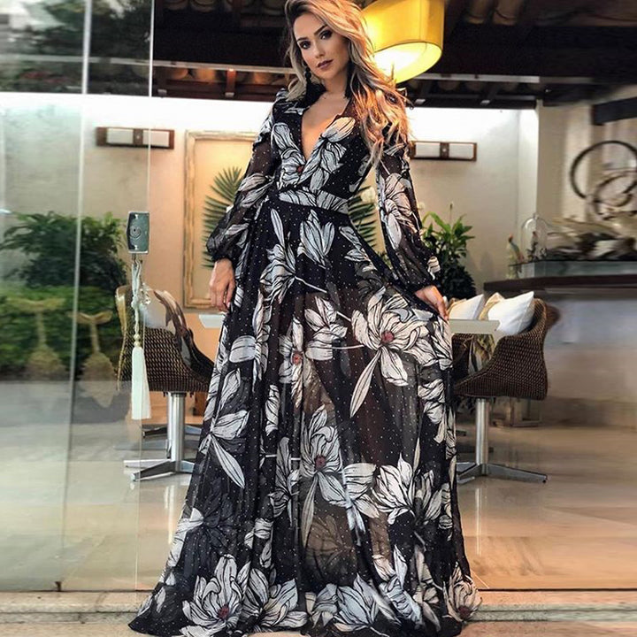 Dame Maxi-kjole med blomster-chiffon-design og dyb V-udskæring Stilla
