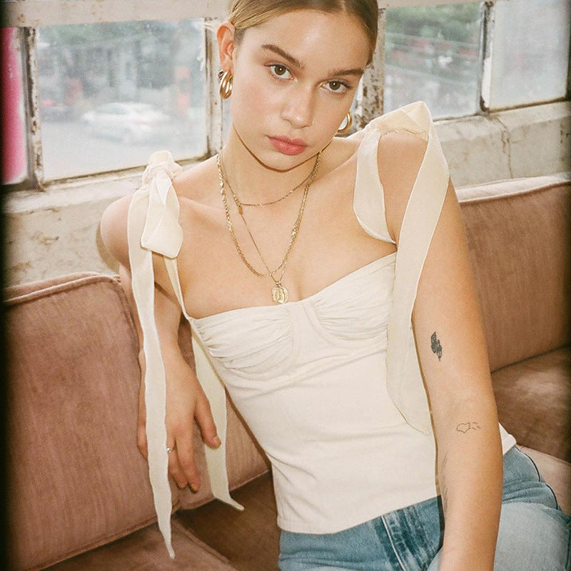 Dame romantisk flæse top med bindebånd Crop Top Stilla