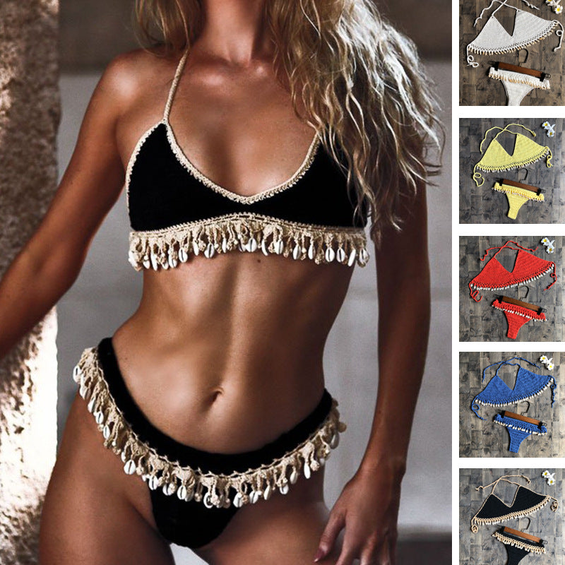 Dame Hæklet Bikini Sæt med Musling Pynt og Trendy Ruf Stilla