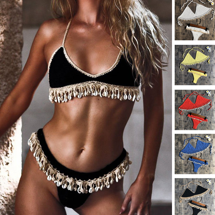 Dame Hæklet Bikini Sæt med Musling Pynt og Trendy Ruf Stilla