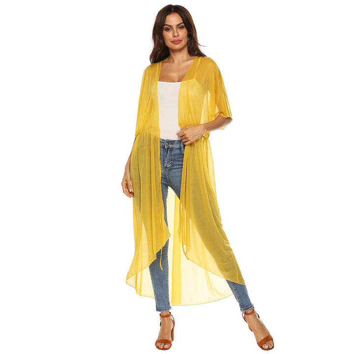 Dame elegant gennemsigtig strand kimono med justerbar talje snøring Stilla