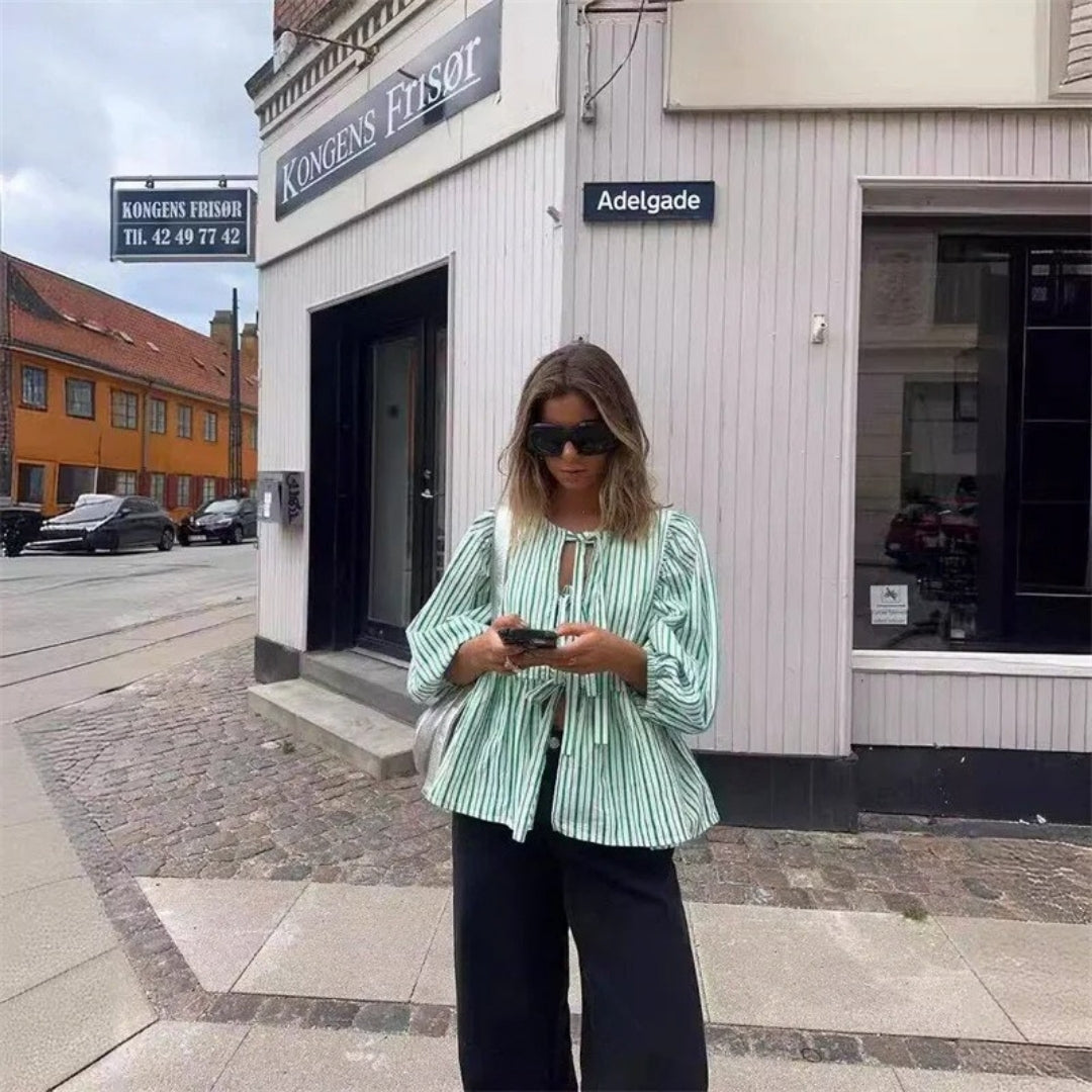 Stilla | Stribet Bånd Front Peplum Bluse