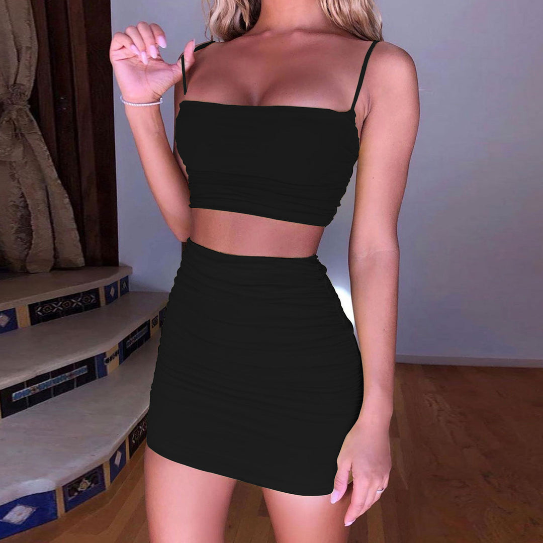Dame To-delt Sæt bestående af rynket Crop-Top og Miniskørt Skovae