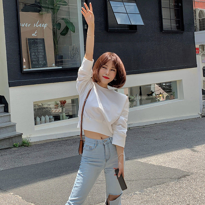 Kvindernes stribede cropped sweater med ballonærmer Stilla