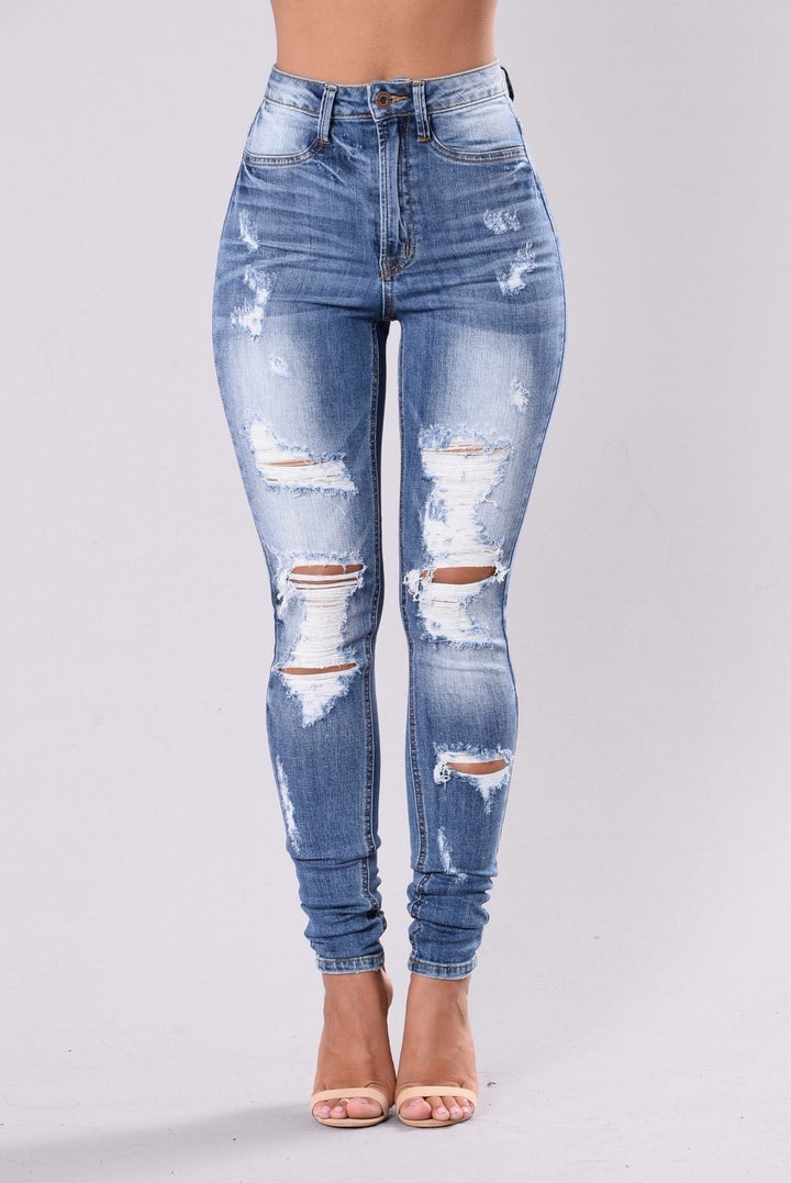Dame figursyet højtaljede jeans med modiske rivdetaljer og strækkomfort Stilla