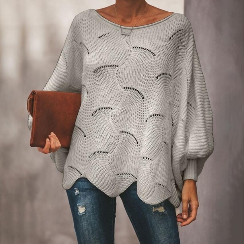 Kvinders Oversized Strikket Sweater med Tekstur Wavesmønster og Bredde Ærmer Stilla