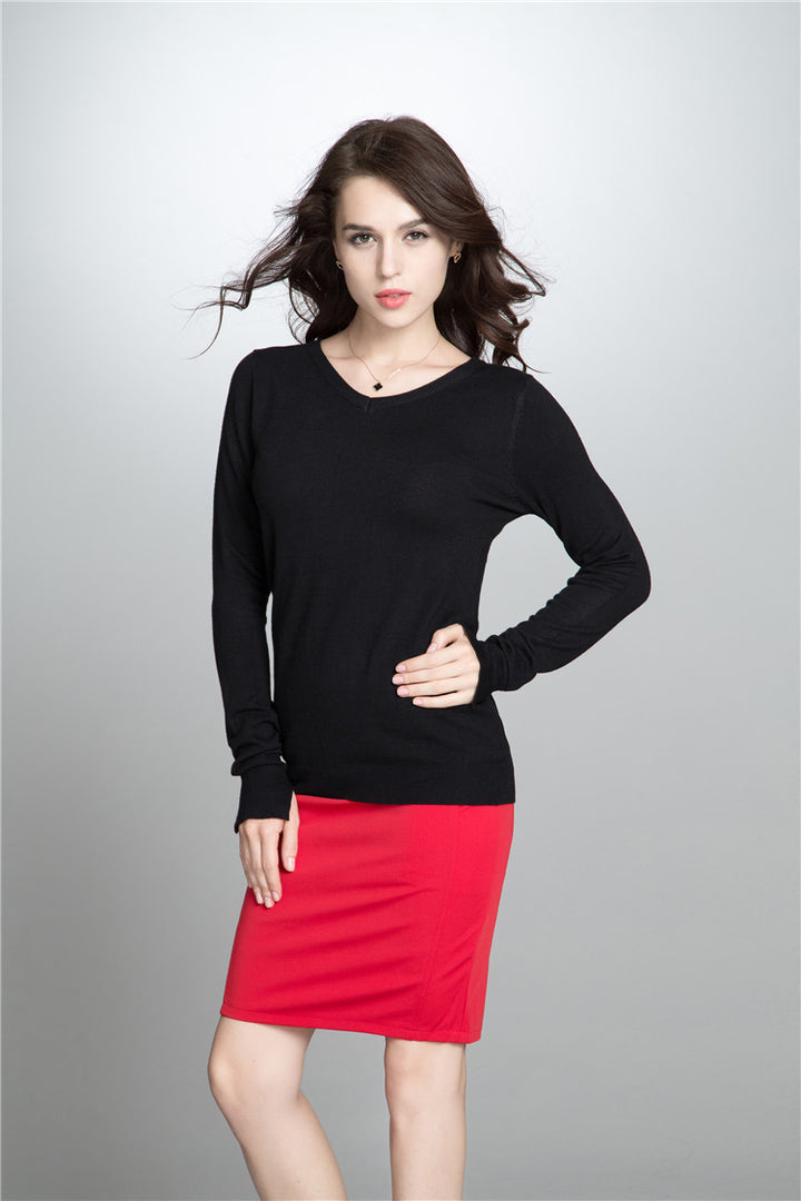 Dame V-hals Finstrikpullover med elastisk kant og langærmet Stilla