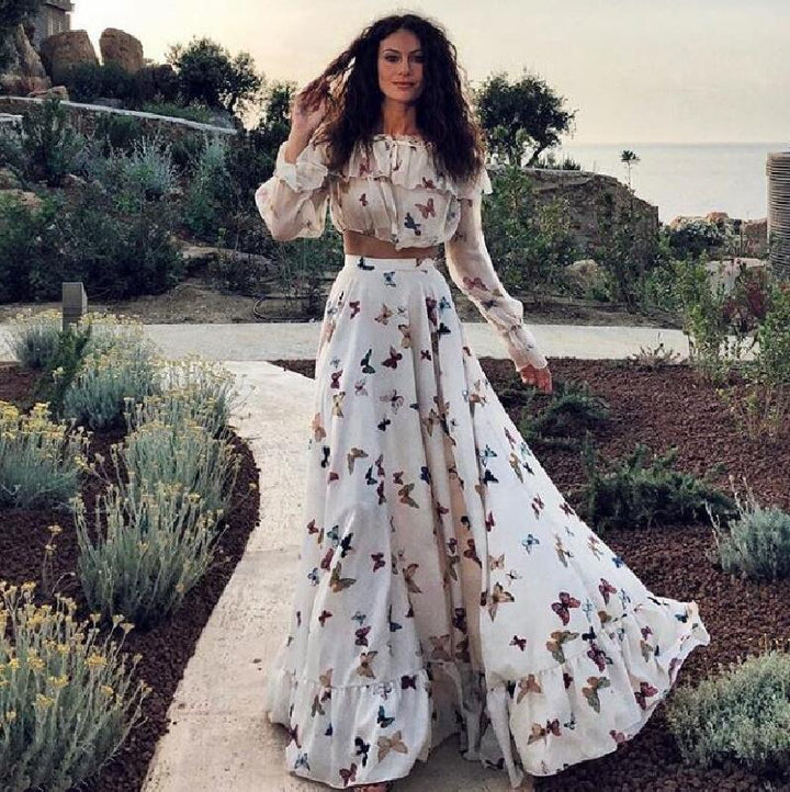 Damer Gulvlængde Maxikjole med blomsteragtigt sommerfuglemønster og volumøs kant Stilla