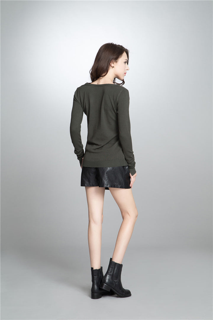 Dame V-hals Finstrikpullover med elastisk kant og langærmet Stilla