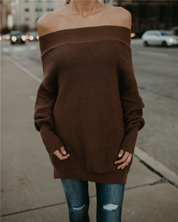 Damer afslappet off-shoulder strikpullover med løs pasform og stribet design Stilla