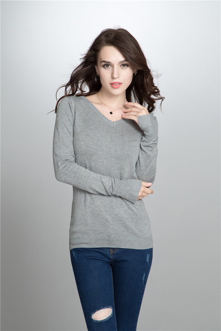 Dame V-hals Finstrikpullover med elastisk kant og langærmet Stilla