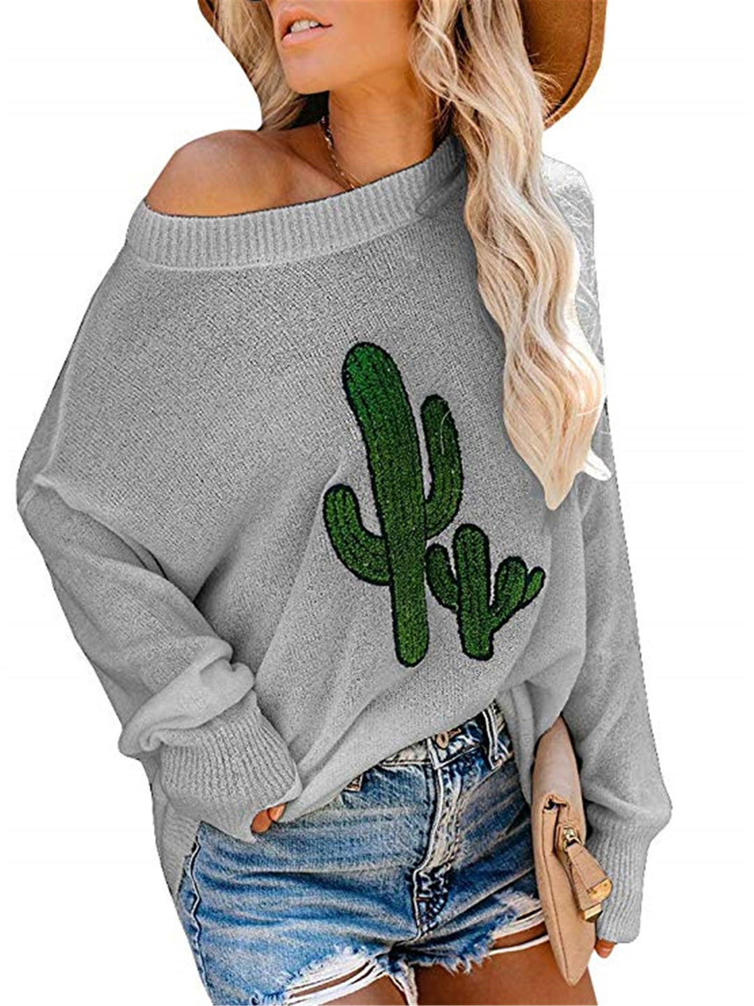Dame oversized sweater med afslappet kaktusdesign og rund halsudskæring Stilla
