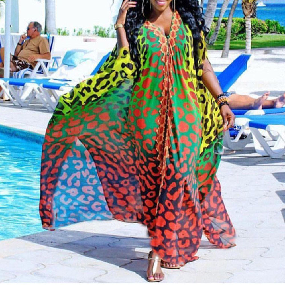 Dame Chiffon Kaftan med livligt dyreprint-design og udvidede ærmer Stilla