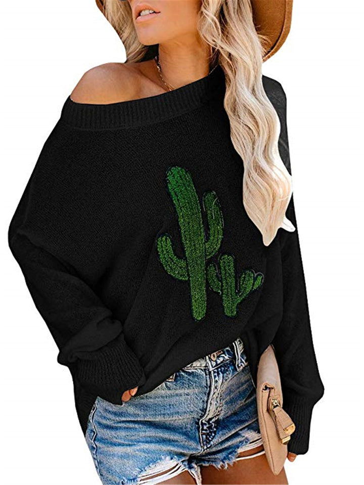 Dame oversized sweater med afslappet kaktusdesign og rund halsudskæring Stilla