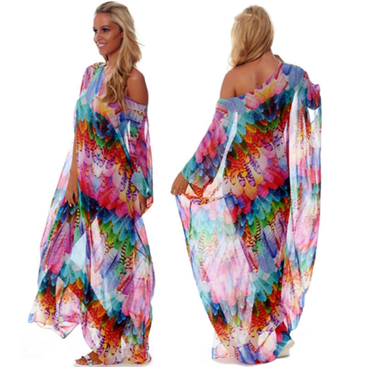 Dame Strandkaftan med vid snit og farverigt fjerdesign Stilla