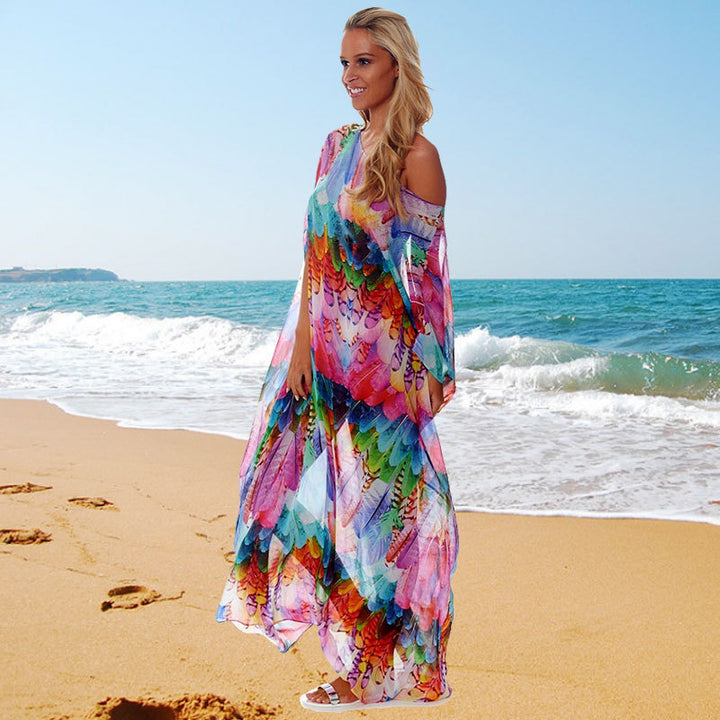 Dame Strandkaftan med vid snit og farverigt fjerdesign Stilla