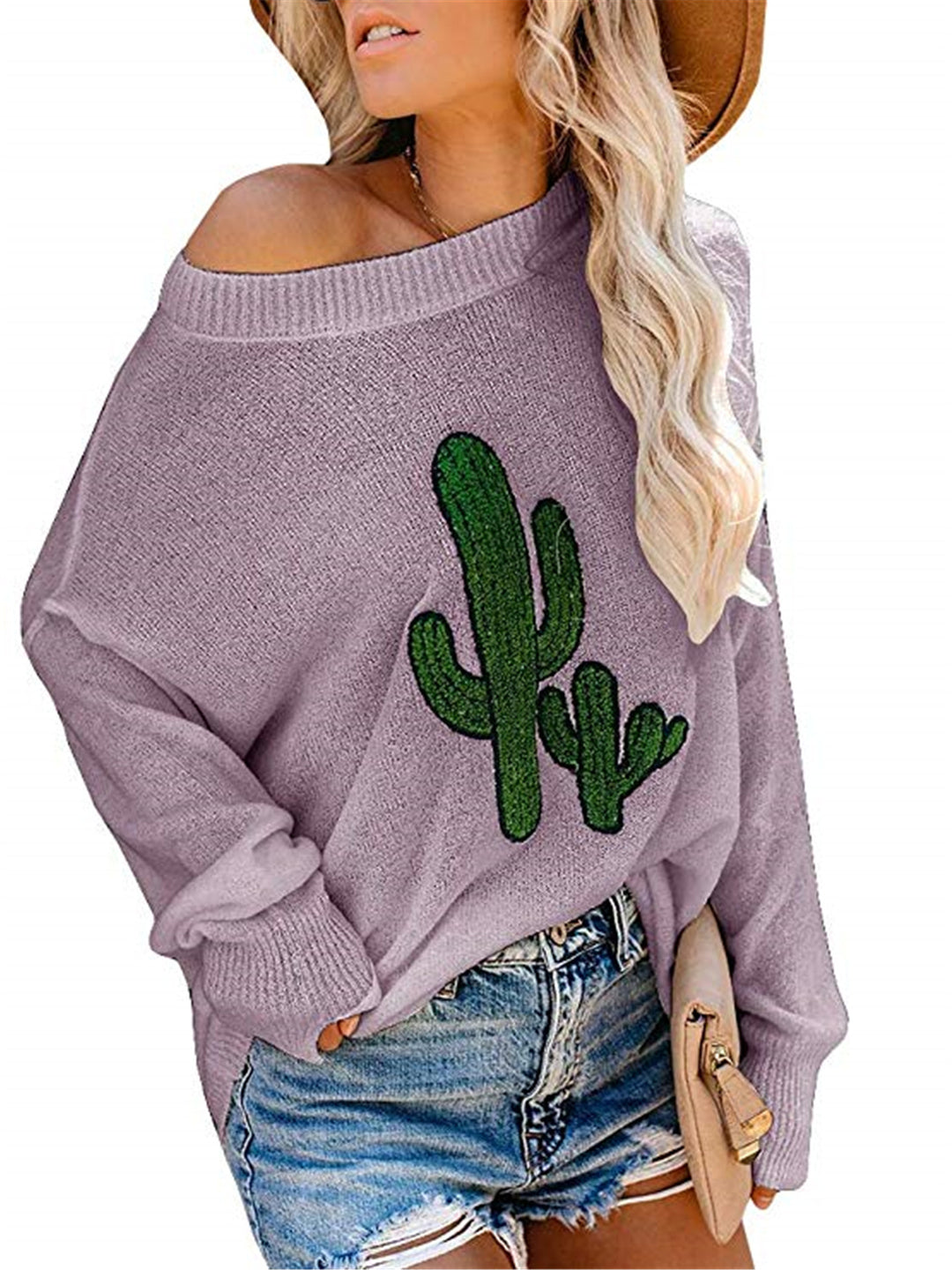 Dame oversized sweater med afslappet kaktusdesign og rund halsudskæring Stilla