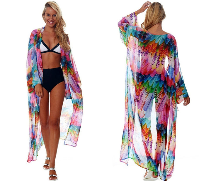 Dame Strandkimono med farverigt fjerdesign og bred pasform Stilla