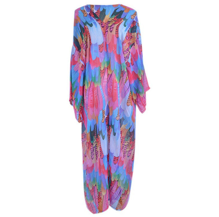 Dame Gennemsigtig Strandkimono med farverigt Fjerdesign Stilla